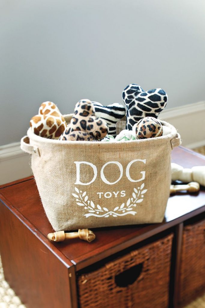 DIY ideas dog toy box: A simple basket can do the job. Source