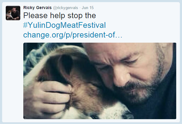 Ricky Gervais Twitter Yulin Dog Meat Festival