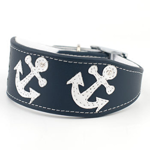 DogBuddy partnership with NotOnTheHighStreet.com greyhound whippet collar blue sailor motif anchors