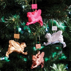 DogBuddy partnership with NotOnTheHighStreet.com flying pug christmas ornaments baubles