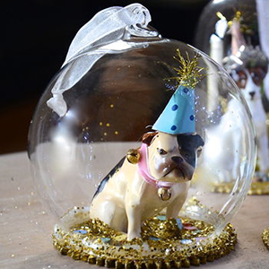 DogBuddy partnership with NotOnTheHighStreet.com bulldog in glass bauble decoration